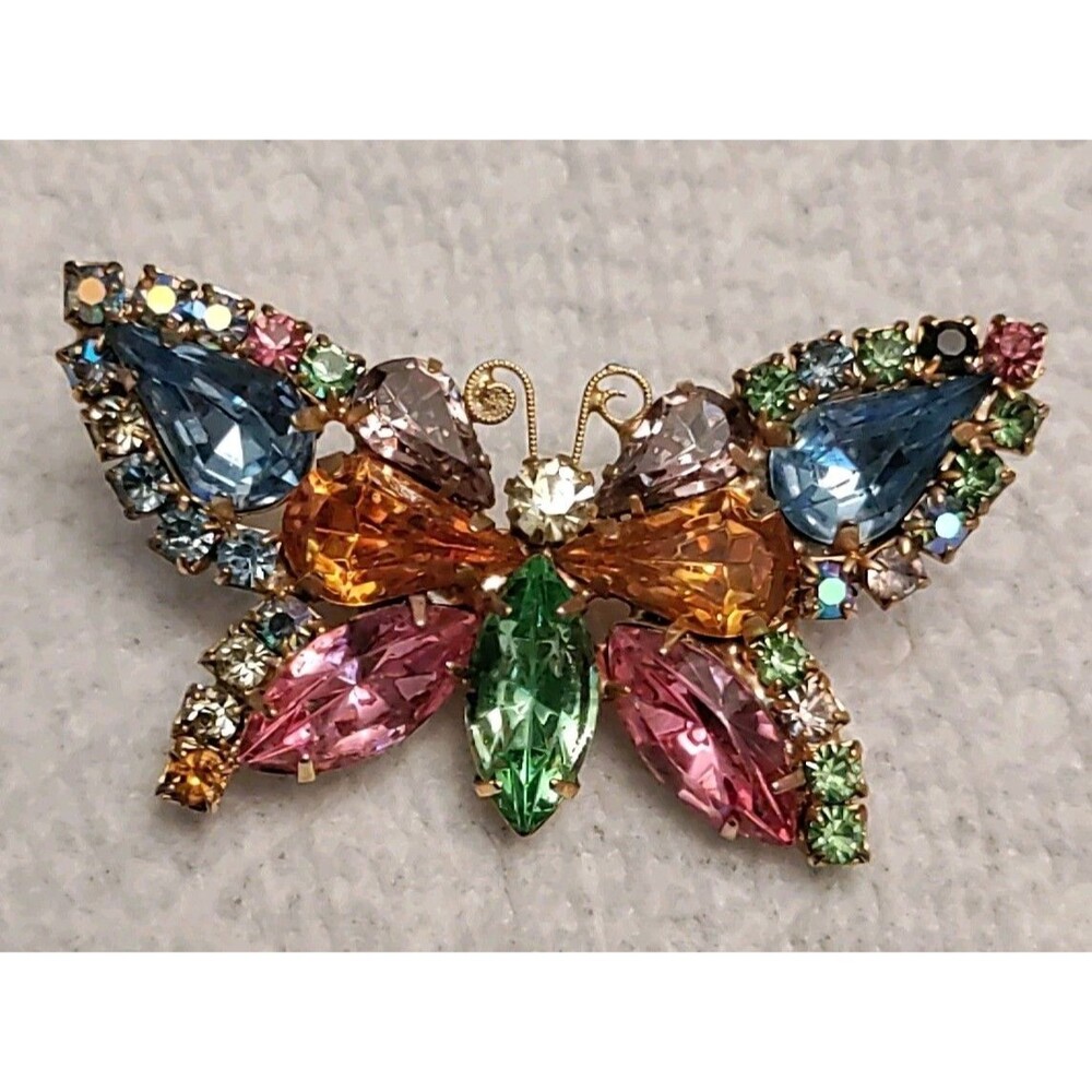 Butterfly Pink Green Honey Rhinestone JULIANA D&E Vintage Brooch